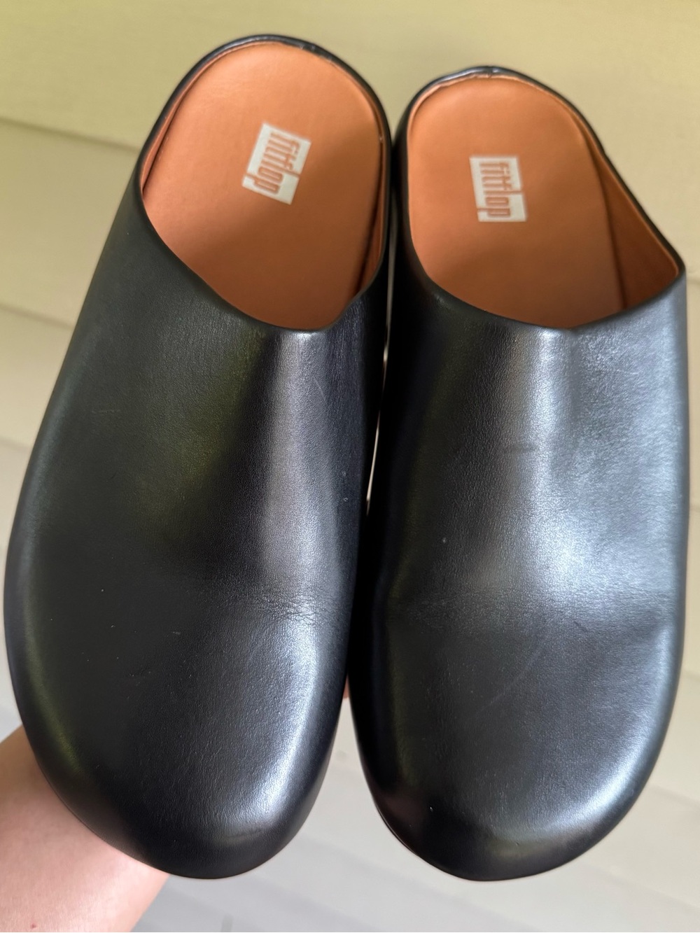 Fitflop Black Leather Slip-On Clogs with Brown Footbed